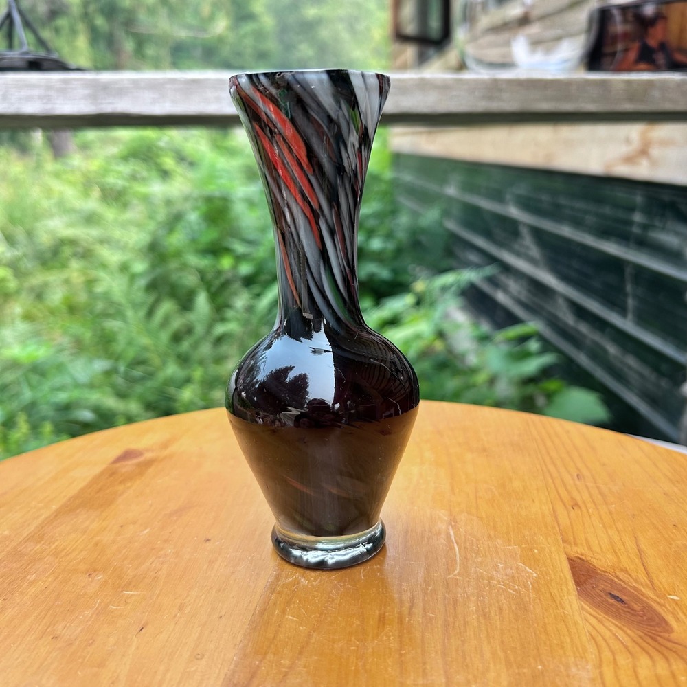 Vintage Hand Blown Glass Bud Vase Small Black Red White Spatter Murano Style MCM